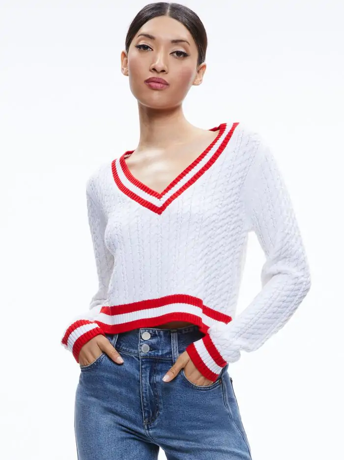 MARIKA CABLE KNIT V-NECK PULLOVER